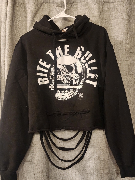 The Drive Clothing Tops - The Drive Clothing Bite The Bullet Black Graphic Womens Destroyed Cropped Hoodie